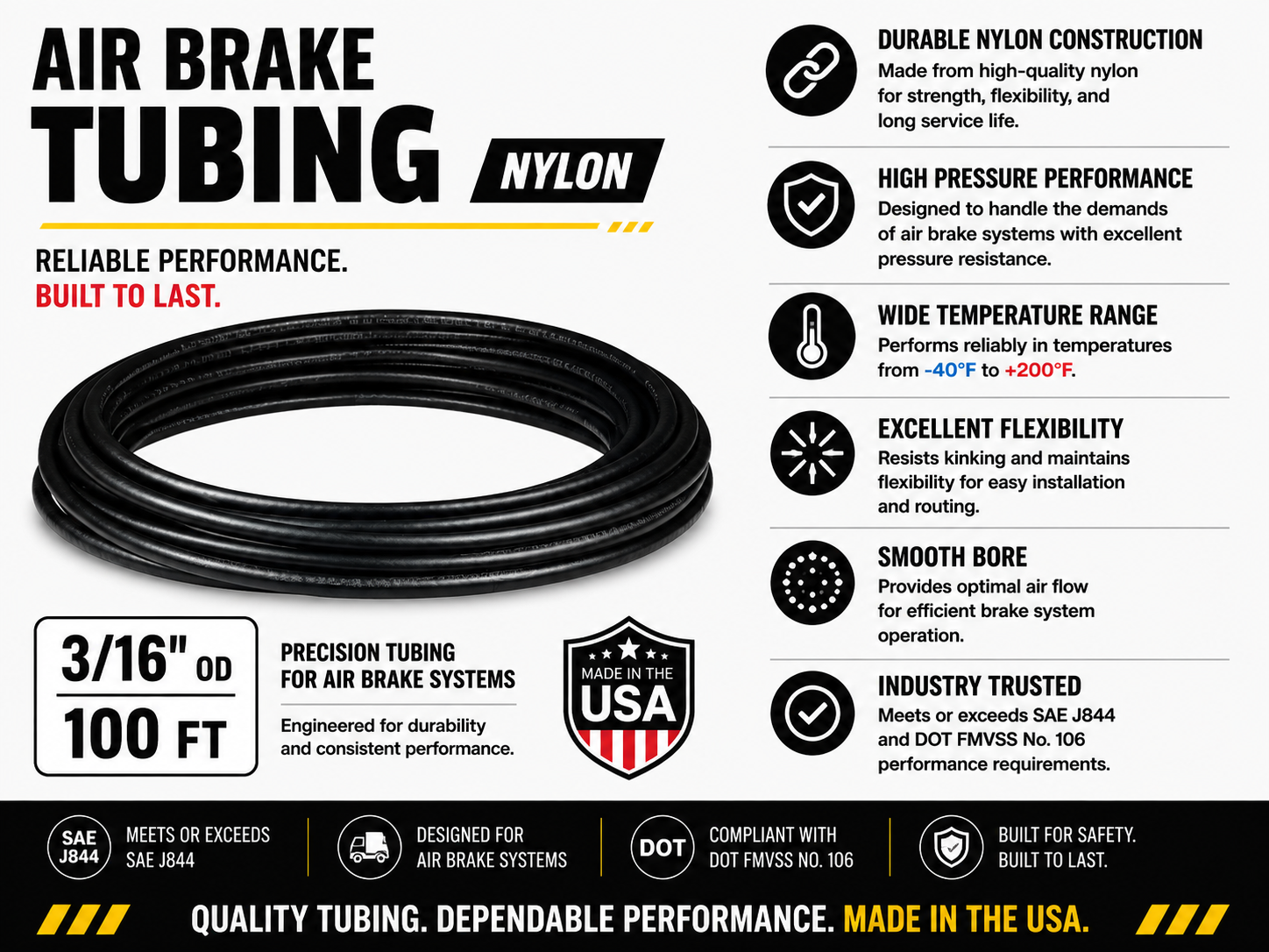 3/16" Air Brake Tubing – BLACK– Sold by the Foot
