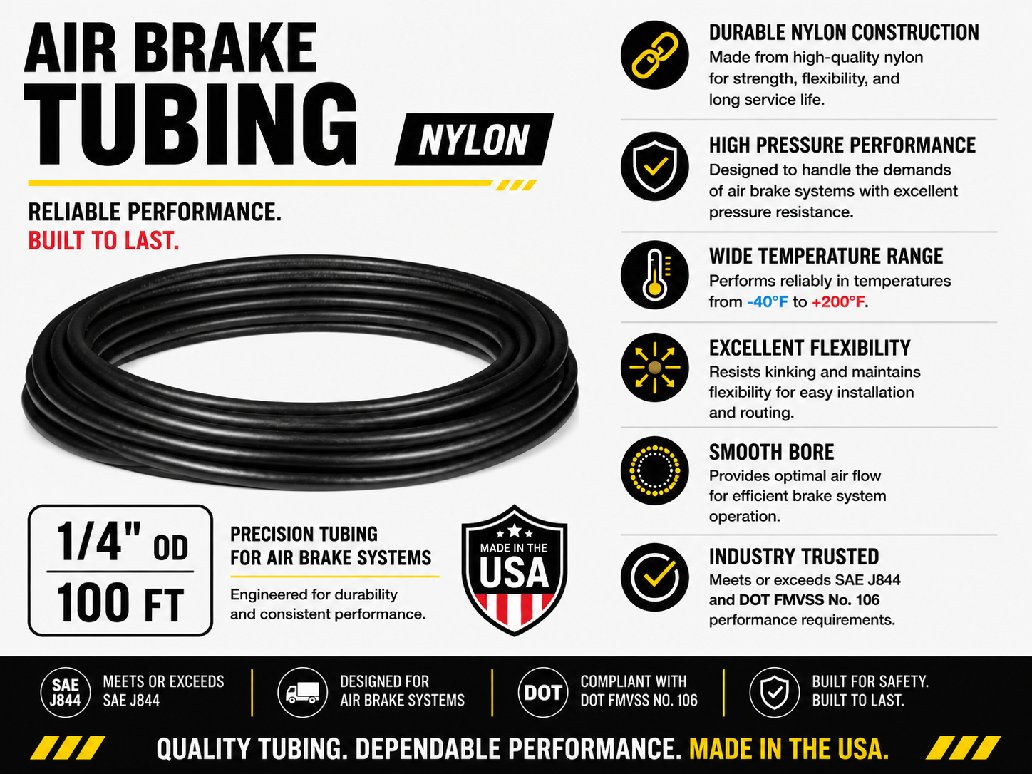 1/4" Air Brake Tubing – BLACK– Sold by the Foot
