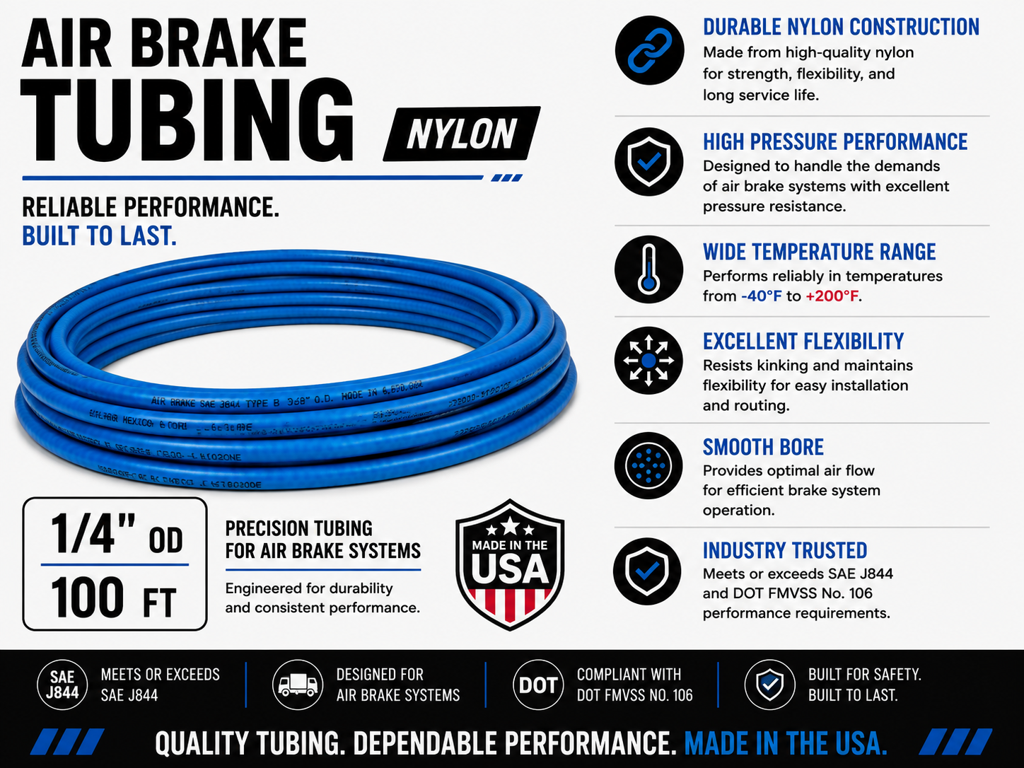 1/4" Air Brake Tubing – BLUE– Sold by the Foot