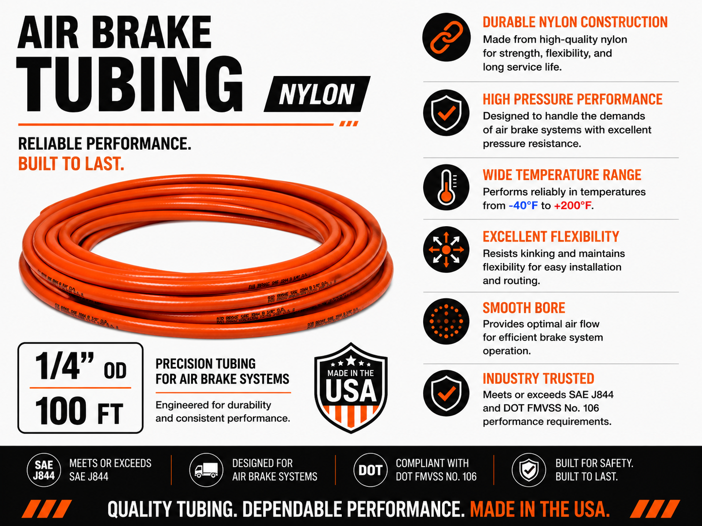 1/4" Air Brake Tubing – ORANGE– Sold by the Foot
