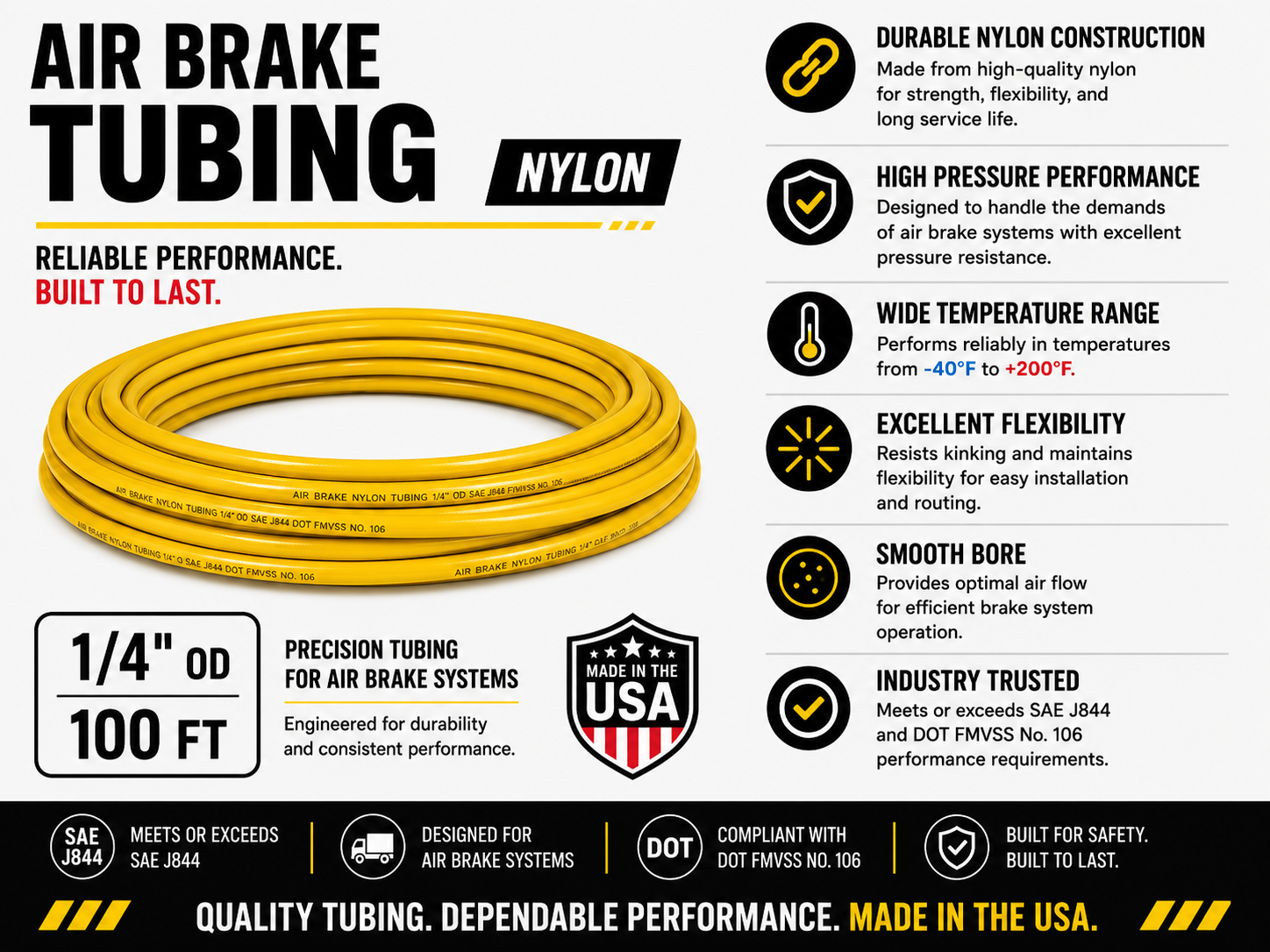 1/4" Air Brake Tubing – YELLOW – Sold by the Foot