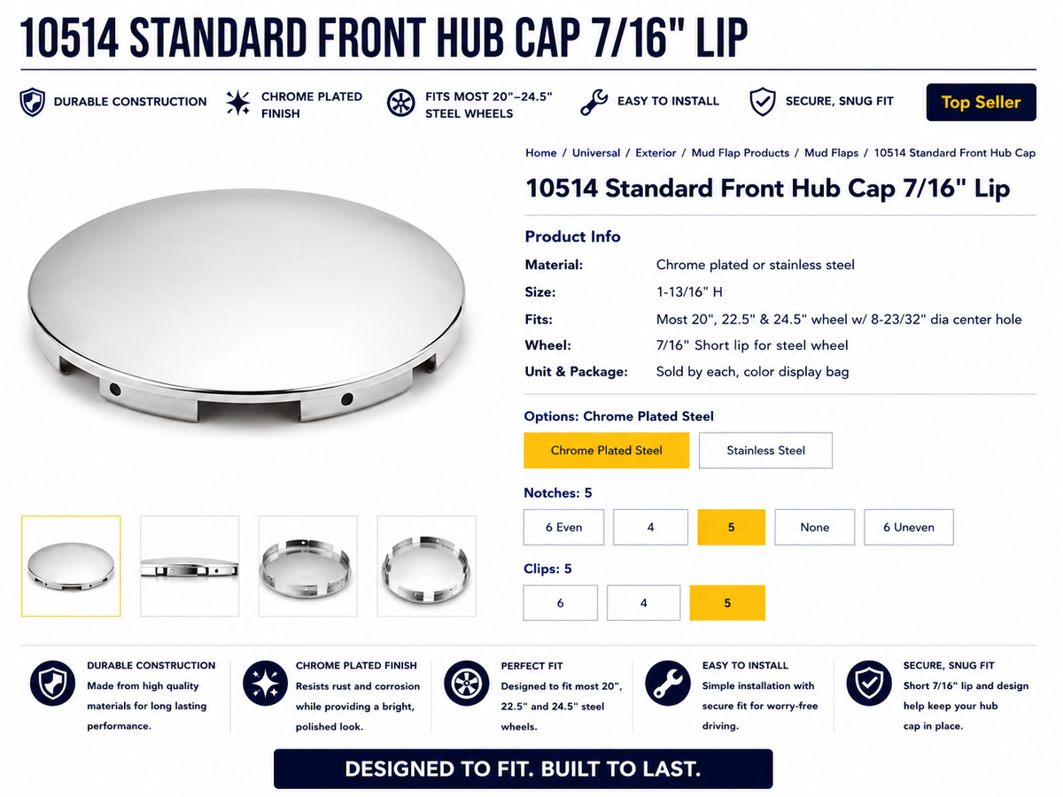 CR. FRONT HUB CAP, 7/16" LIP, 5 NOTCHES & 5 CLIPS
