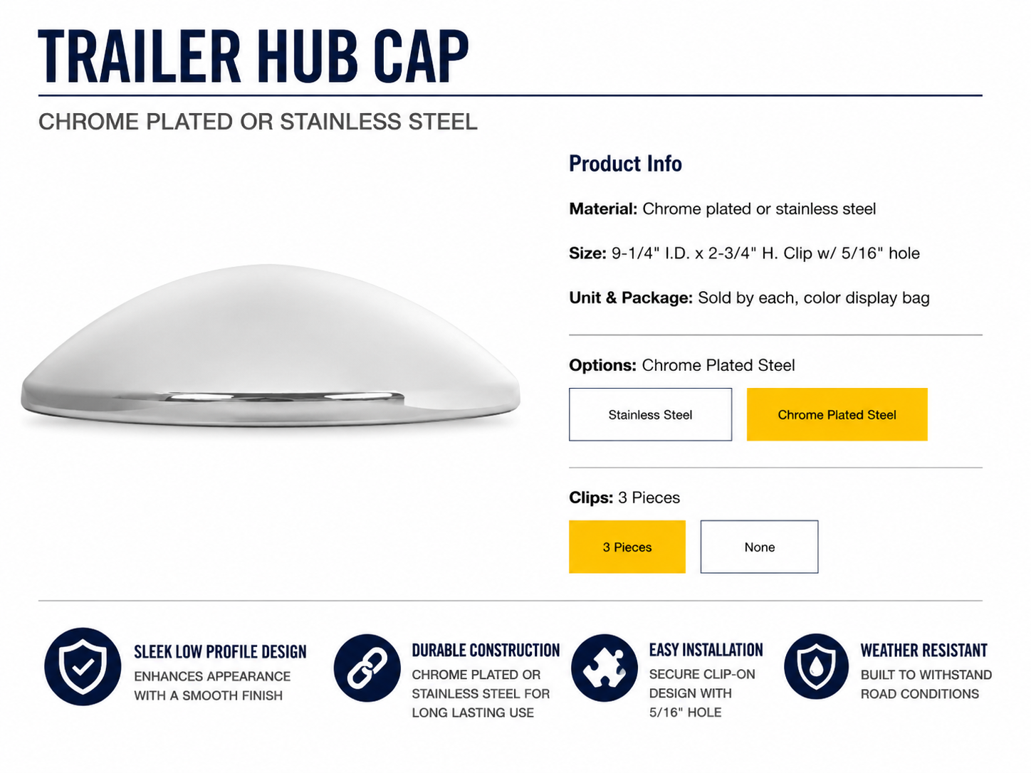 CR. TRAILER HUB CAP W/ 3 CLIPS