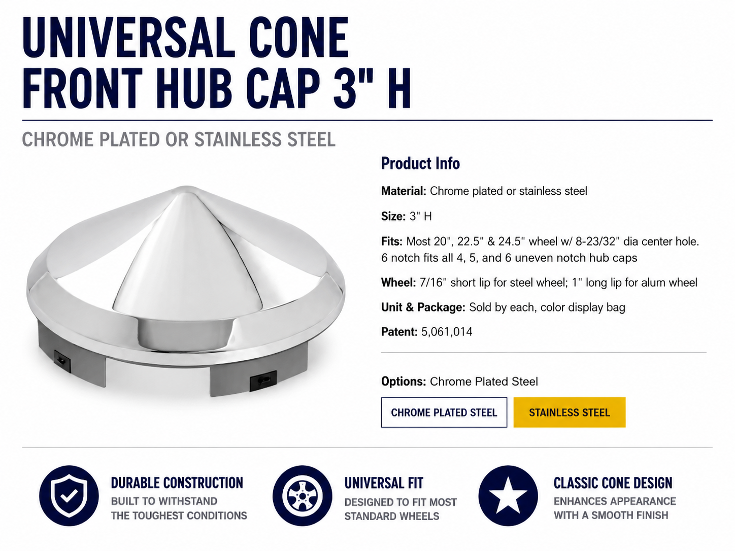 CR. UNIV. FRONT CONE HUB CAP, 1" LIP, 6 NOTCHES
