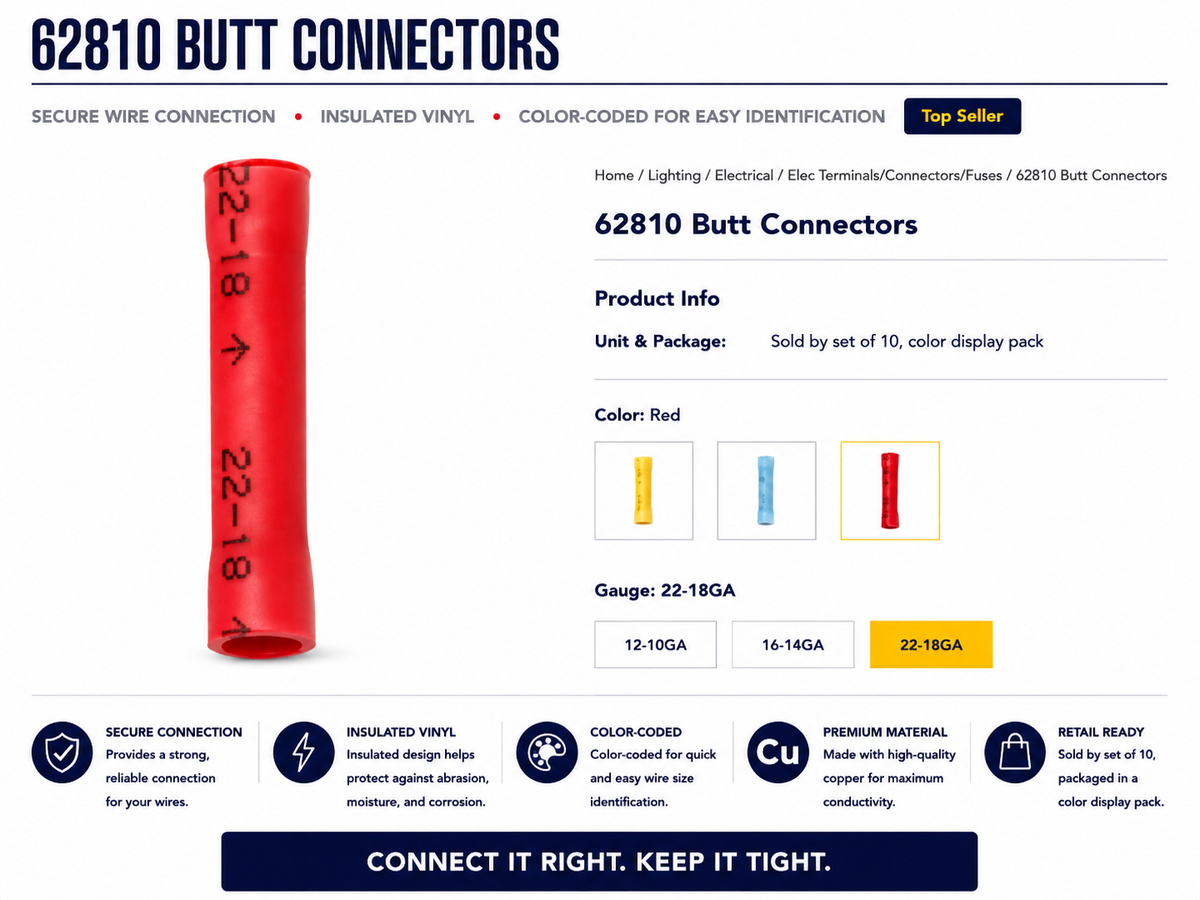 RED BUTT CONNECTOR 22-18GA, 10PCS/PK