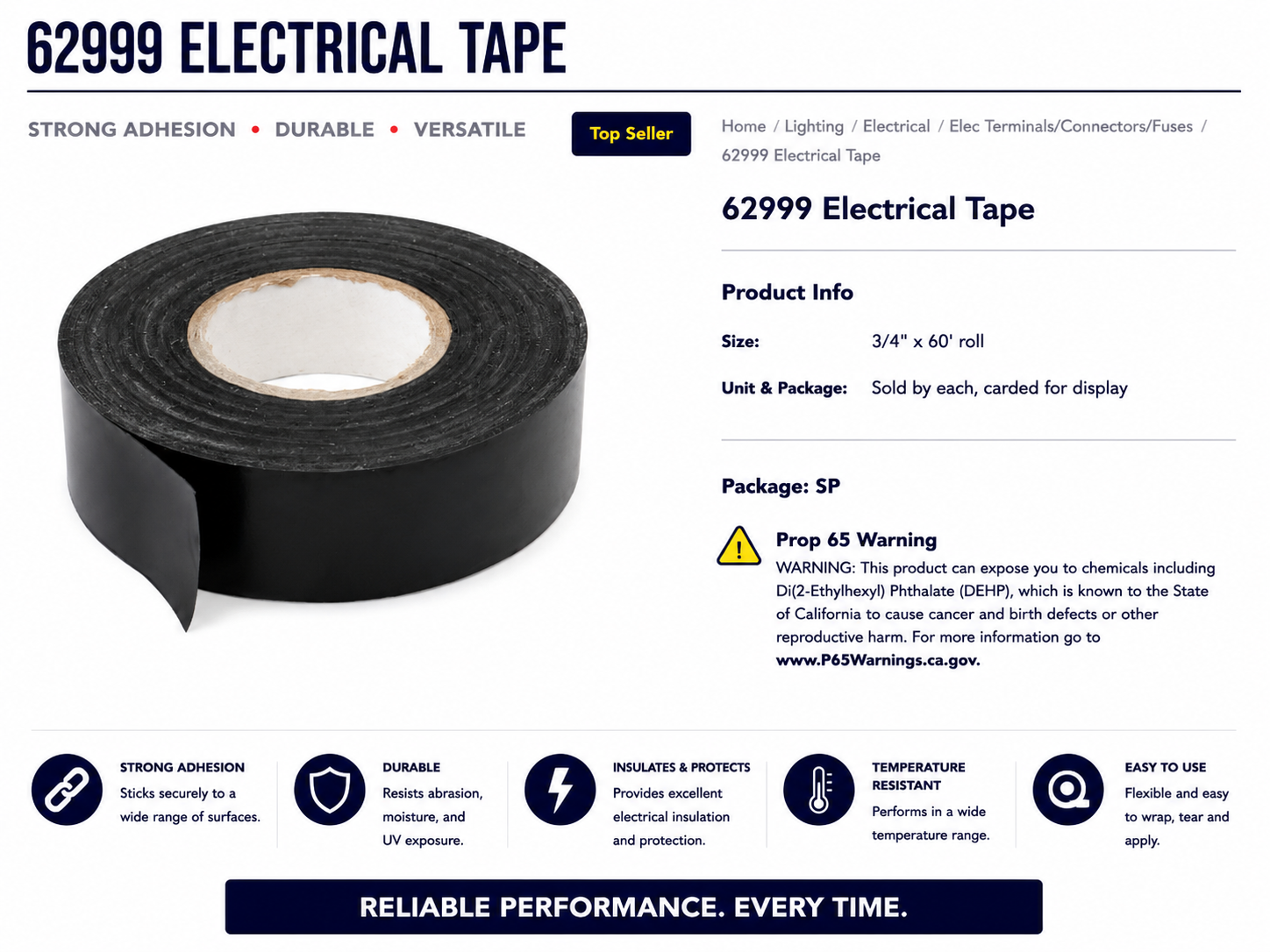 BLACK ELECTRICAL TAPE ROLL, 3/4" X 60 FT.