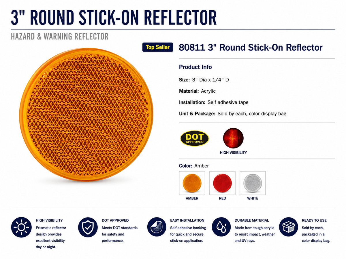 3" AMBER REFLECTOR W/ ADHESIVE TAPE