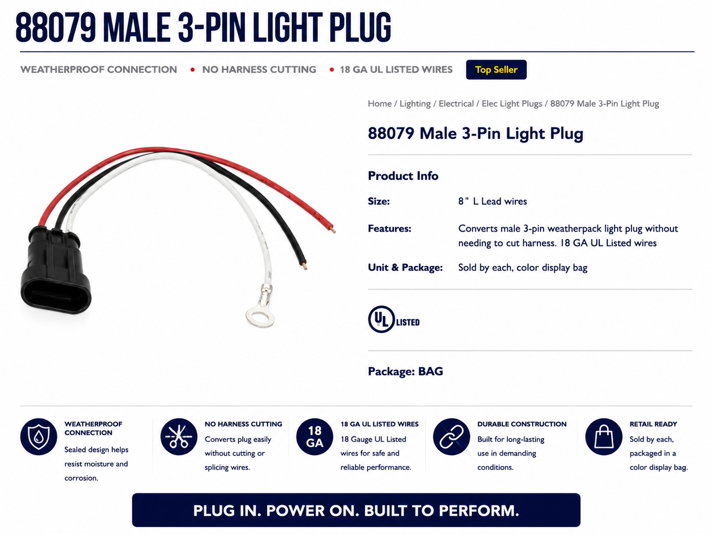 MALE 3PIN WEATHERPACK LIGHT PLUG, 8INCH LEAD