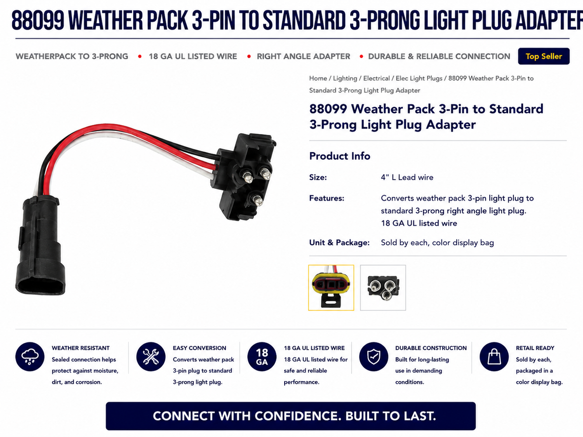 WEATHER PACK 3-PIN TO STANDARD 3-PRONG LIGHT PLUG ADAPTER, 4" LEAD