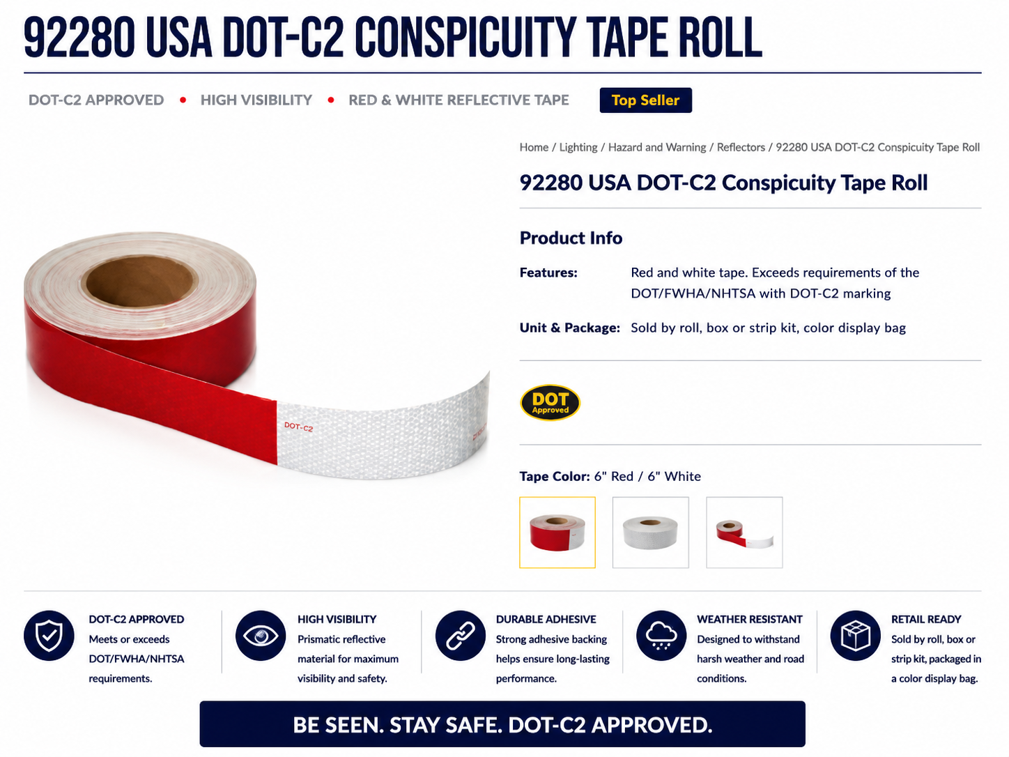 DOT-C2 CONSPICUITY TAPE 6" RED/6" WHITE, 2"X150' ROLL