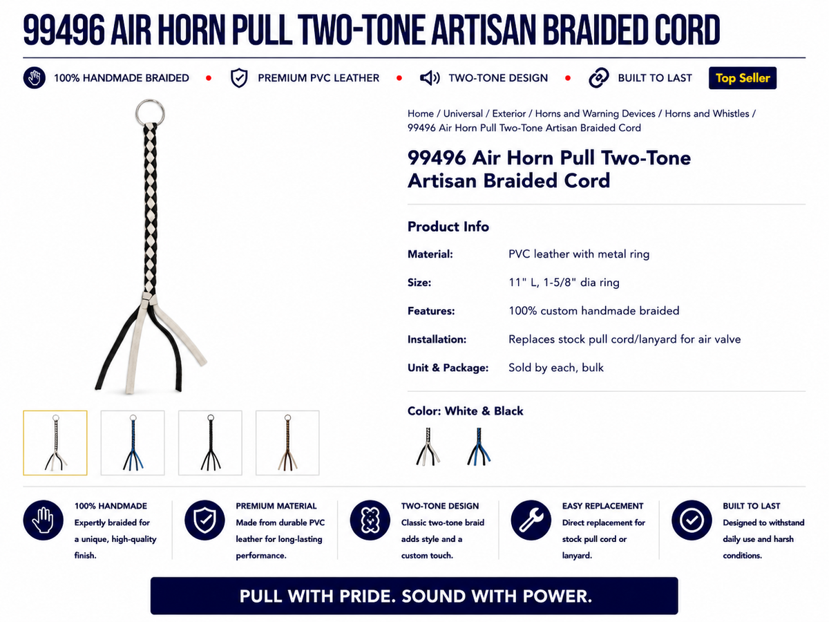 WHT & BLK AIR HORN MANUAL PULL BRAIDED CORD W/RING, 11"L