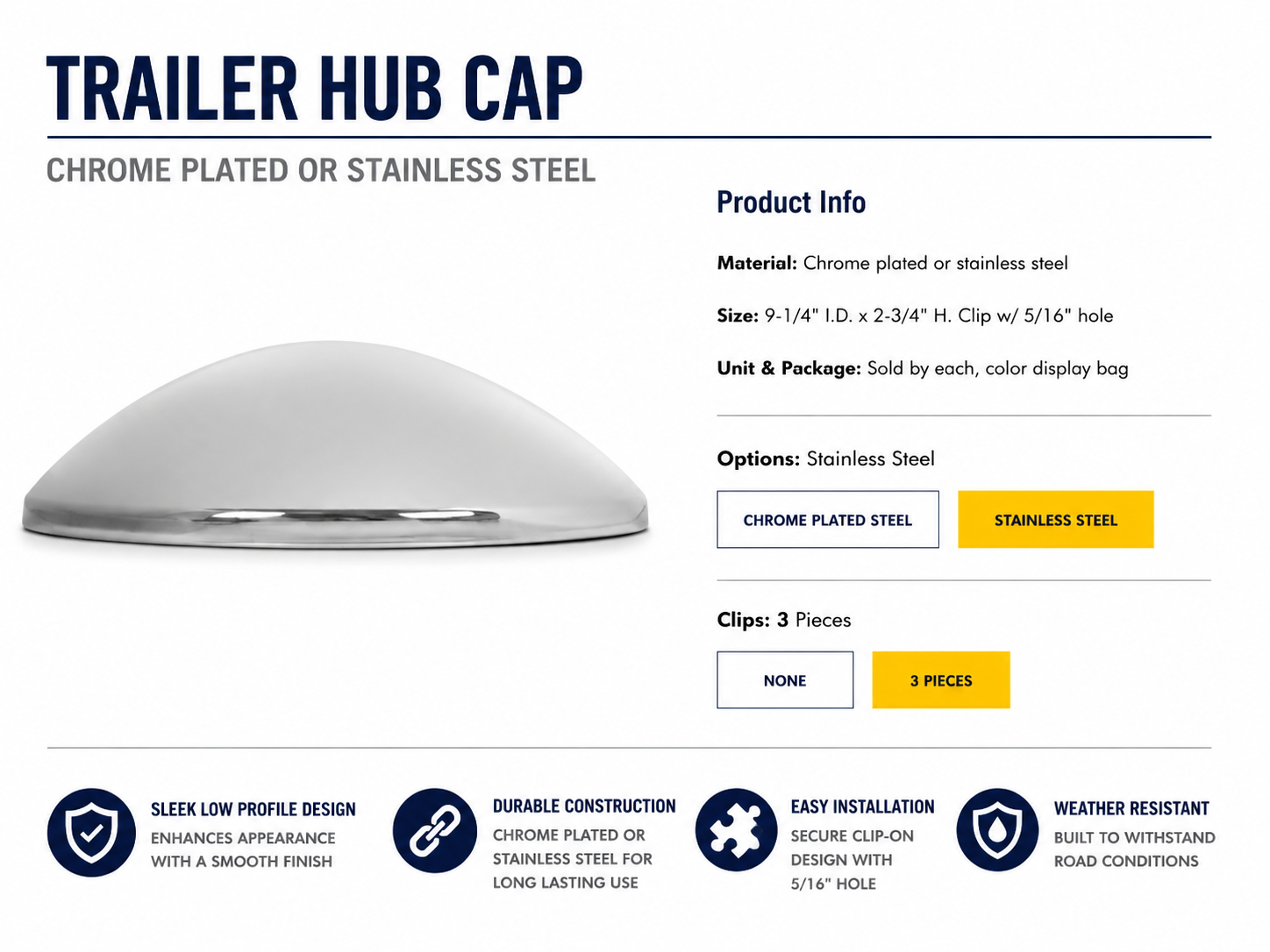 S.S. TRAILER HUB CAP W/ 3 CLIPS