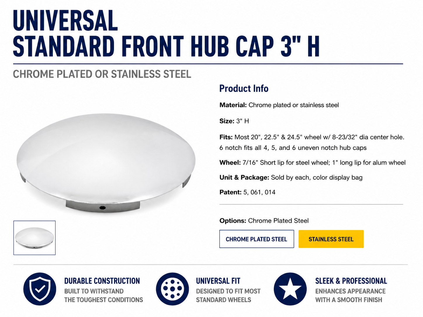 CR. UNIV. FRONT HUB CAP, 7/16" LIP, 6 NOTCHES