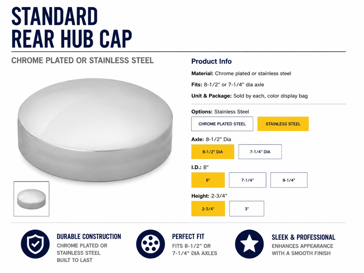 S.S. 8" I.D. REAR HUB CAP, 2-3/4"H FITS 8 1/2" DIA. AXLE