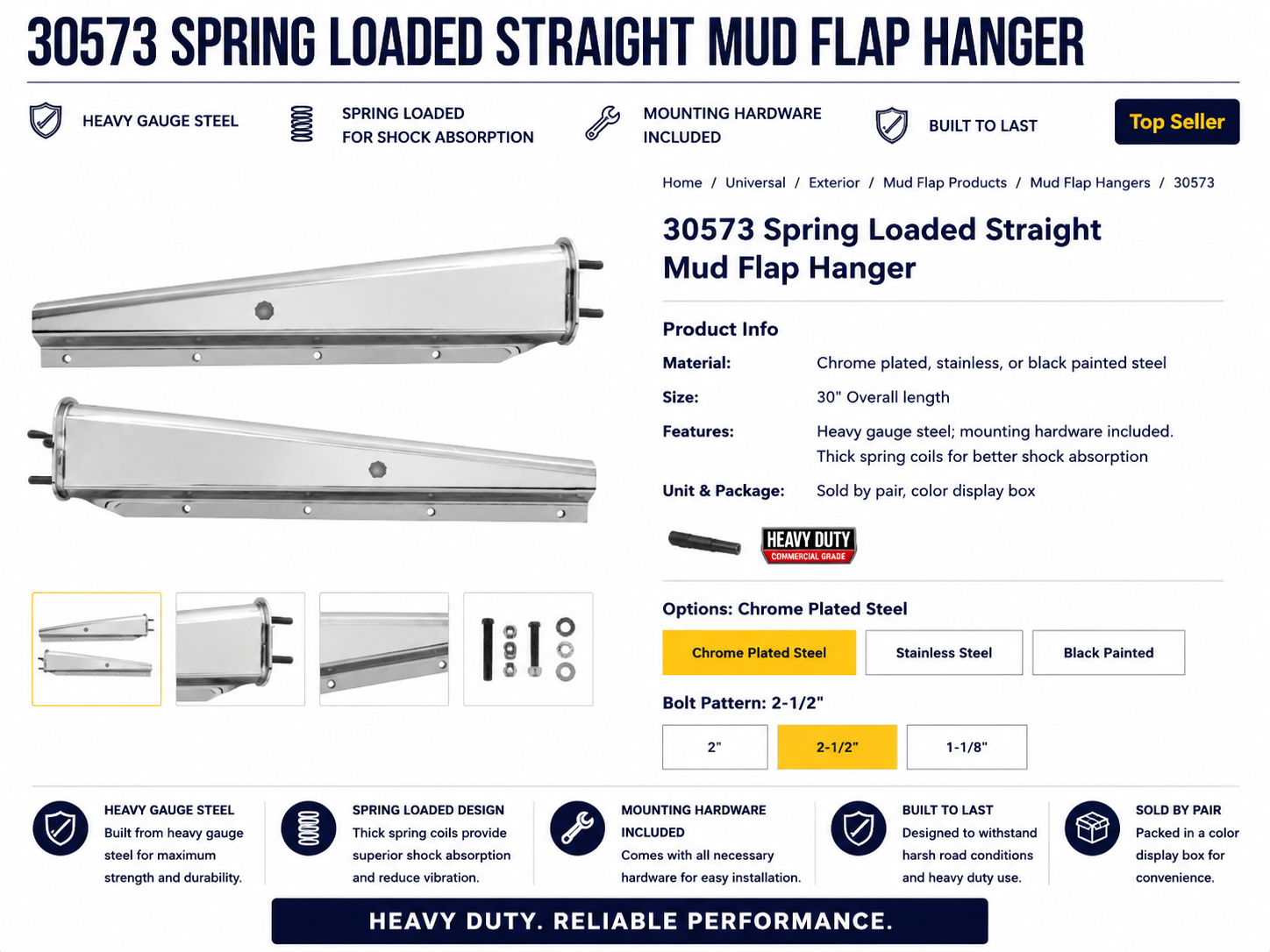 CR SPRING LOAD MUD FLAP HANGER STRAIGHT, 2.5" BOLT CENTER