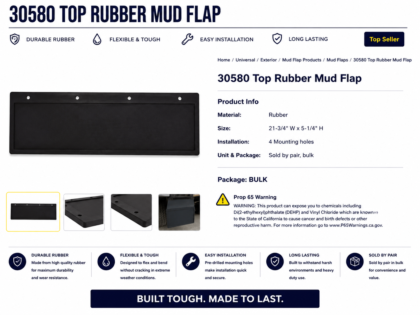 BLACK RUBBER TOP MUD FLAP, PLAIN, 21-3/4"W X 5-1/4"H