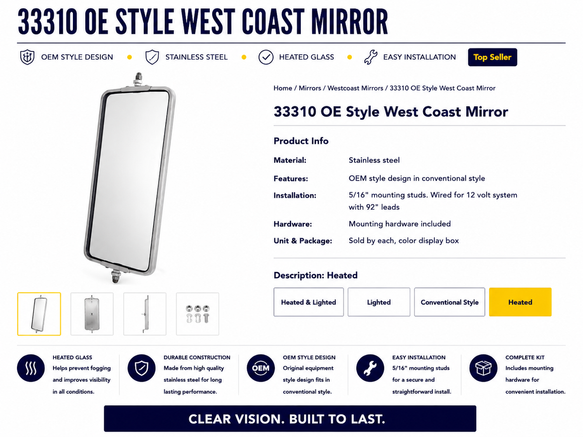 S.S. 7" X 16" OEM WEST COAST HEATED MIRROR