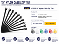 BLACK 15"X3/16" NYLON CABLE ZIP TIES, 15PCS/PKG