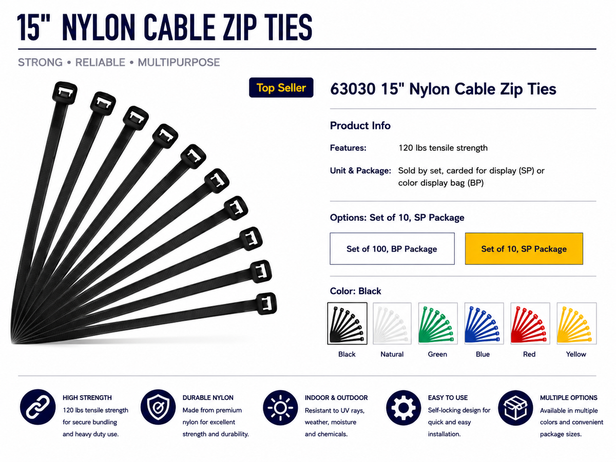 BLACK 15"X3/16" NYLON CABLE ZIP TIES, 15PCS/PKG