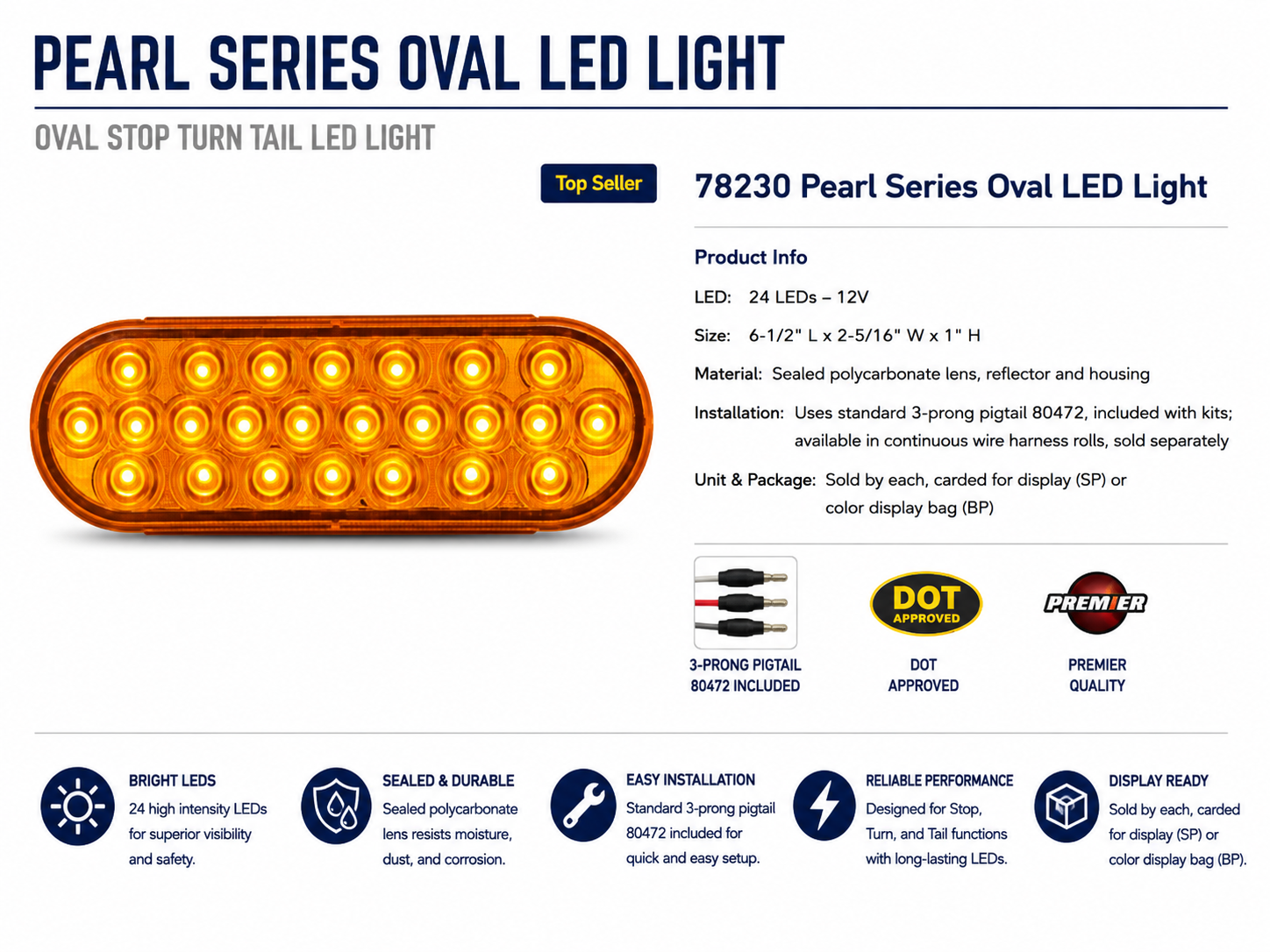 OVAL PEARL AMBER 24 LED LIGHT, CLEAR LENS
