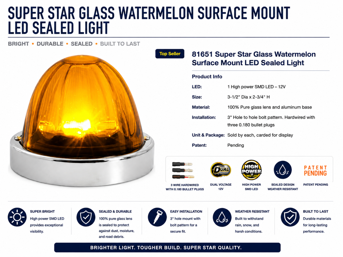 LIGHT AMBER SUPER STAR 1LED WM GLASS LIGHT W/SS BEZEL