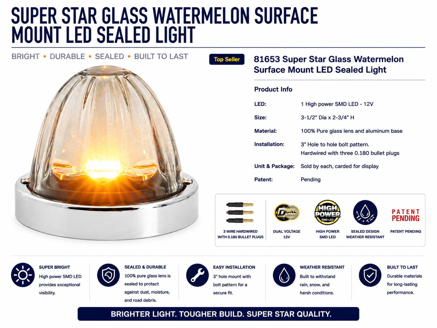 AMBER/CLEAR SUPER STAR 1LED WM GLASS LIGHT W/SS BEZEL