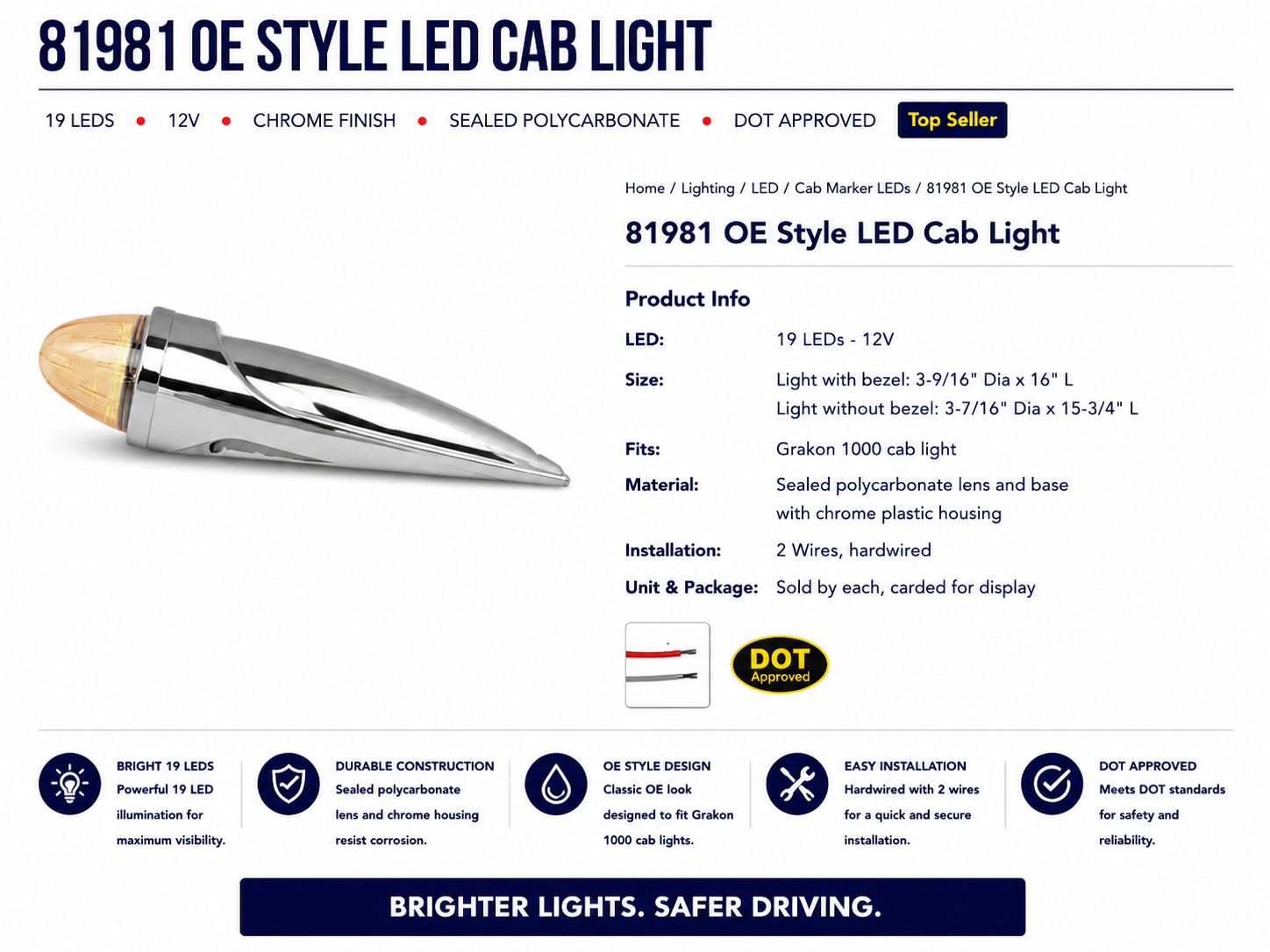 CR. PL. AMBER/CLEAR 19-LED CAB MARKER LIGHT W/S.S. BEZEL