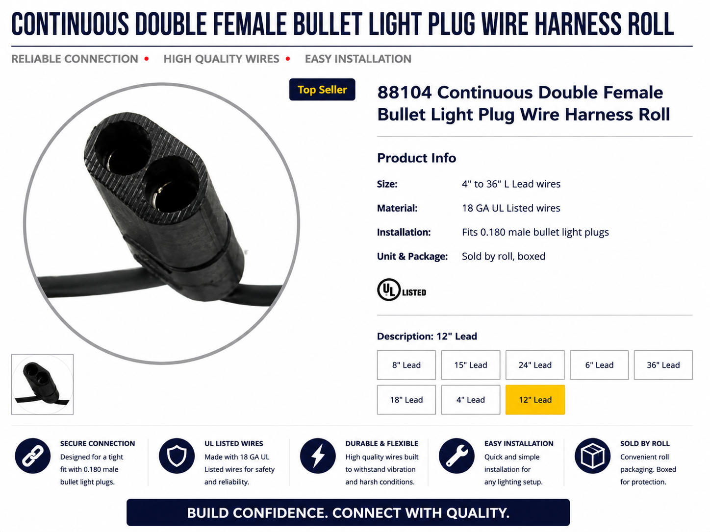 12" LEAD DOUBLE FEMALE 100'L TERMINAL WIRE HARNESS, 100PLUG