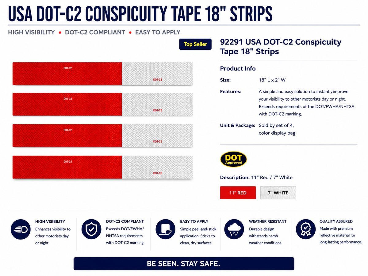 DOT-C2 CONSPICUITY TAPE 11" RED/7" WHITE, 4 STRIPS/SET