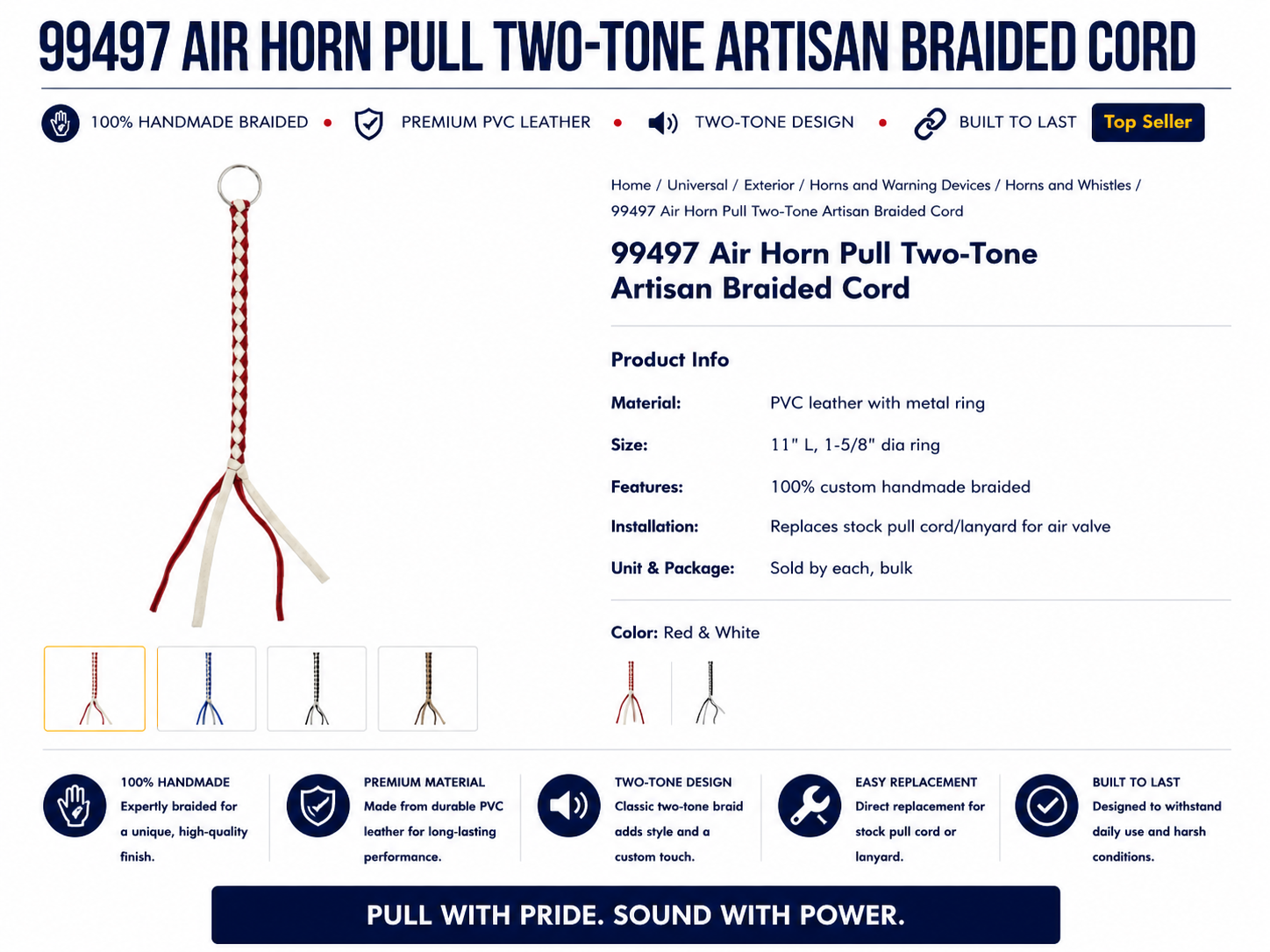 RED & WHT AIR HORN MANUAL PULL BRAIDED CORD W/RING, 11"L