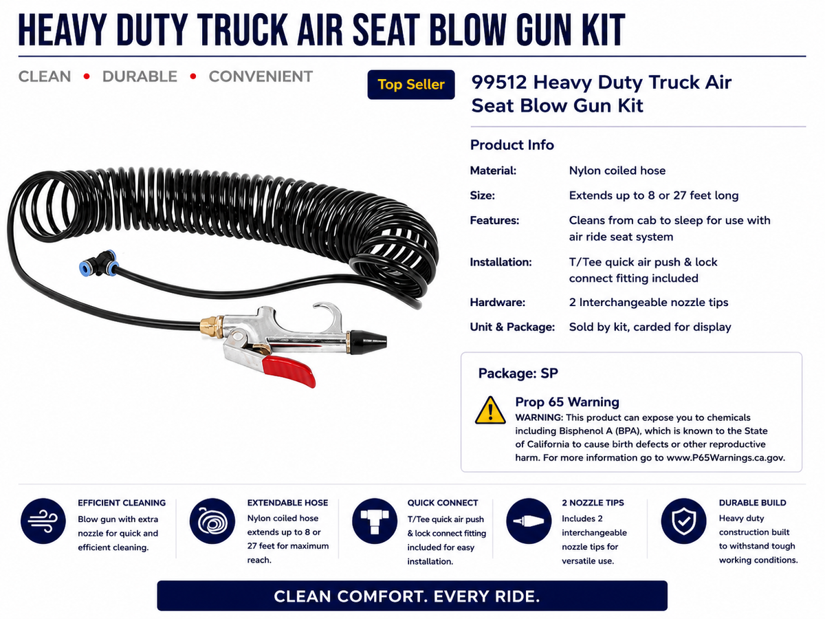 HEAVY DUTY TRUCK AIR SEAT BLOW GUN KIT, EXTENDED 27FT COIL