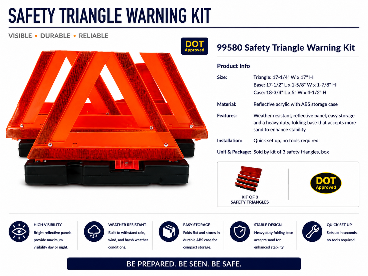 SAFETY TRIANGLE WARNING KIT 3 PACK FOLDABLE AND REFLECTIVE